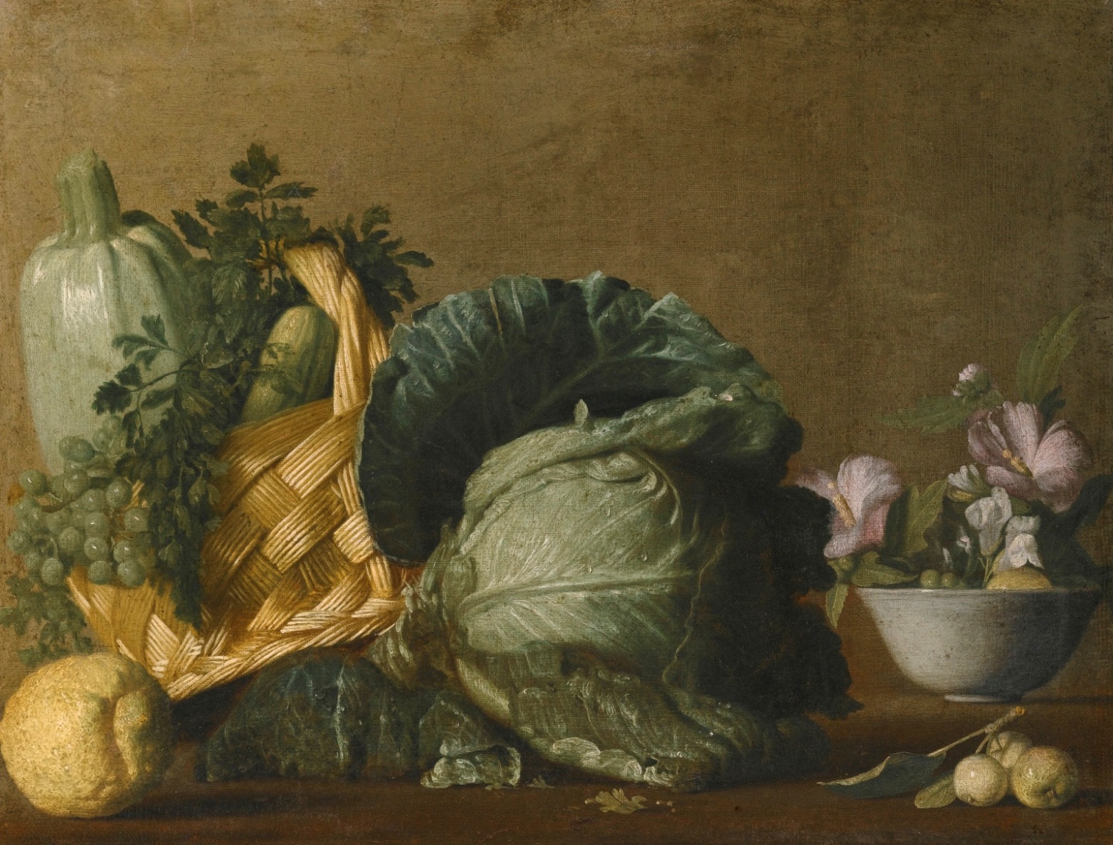 Bernardo Strozzi (1581-1664), Bodegón con calabaza, calabacín y uvas en una cesta de mimbre, junto a una col